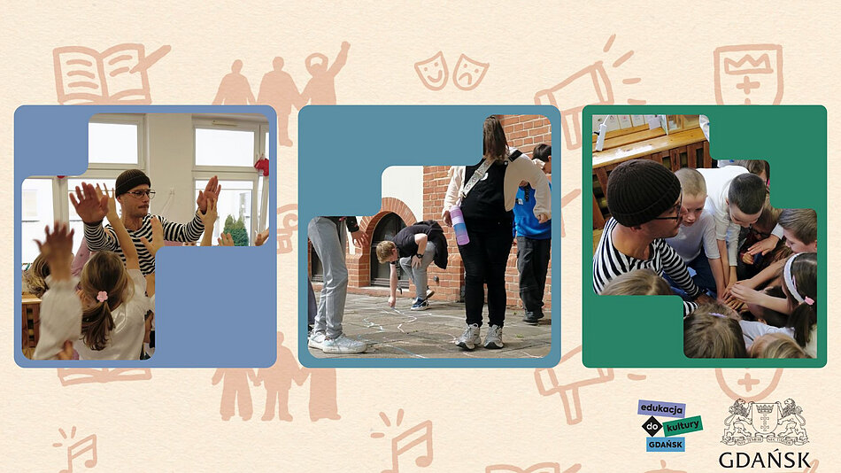 Grafika promująca działania edukacyjno-kulturalne. Na jasnym tle z delikatnymi ikonami związanymi z kulturą i edukacją znajdują się trzy fotografie w kolorowych, geometrycznych ramkach. Po lewej osoba w pasiastej koszulce prowadzi zajęcia dla grupy dzieci, które podnoszą ręce. W środku uczestnicy wykonują aktywność na świeżym powietrzu, rysując kredą na chodniku przed ceglanym budynkiem. Po prawej grupa dzieci i prowadzący siedzą w kręgu podczas wspólnego ćwiczenia. W prawym dolnym rogu widoczne są logotypy programu „Edukacja do Kultury. Gdańsk” oraz miasta Gdańska.
