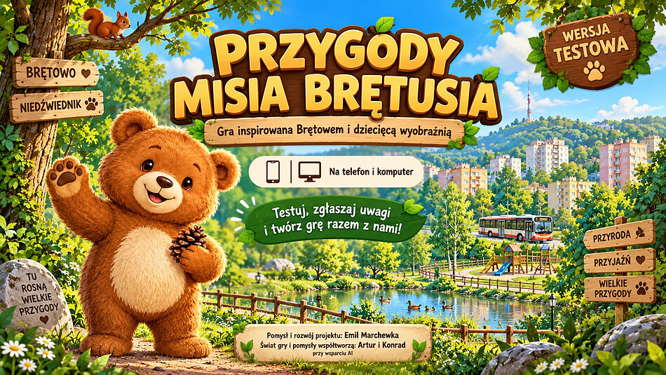 Grafika z rysunkowym misiem i lasem oraz napisami informującymi o grze komputerowej.