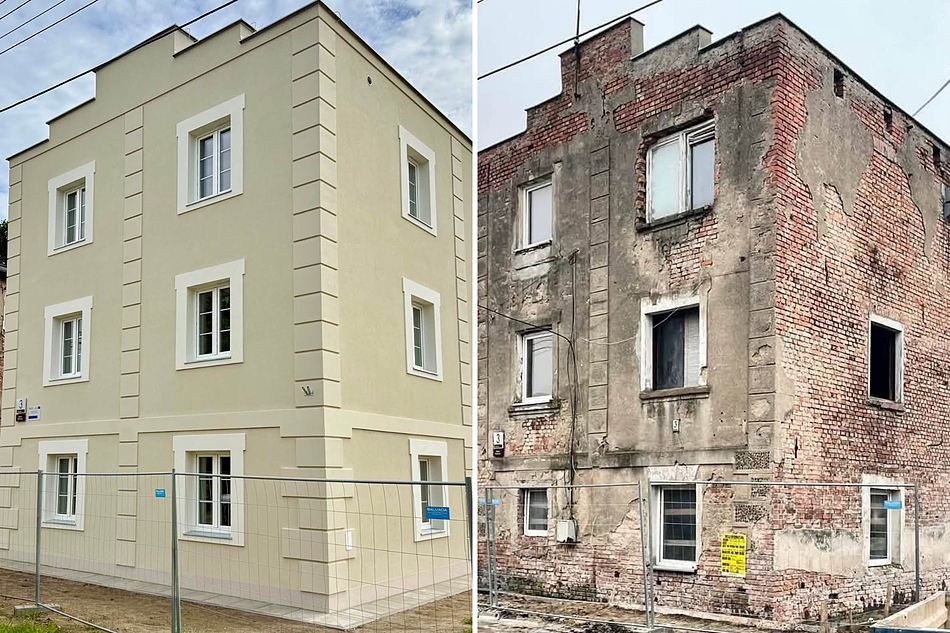 Zdjęcia budynków przed i po remoncie. 