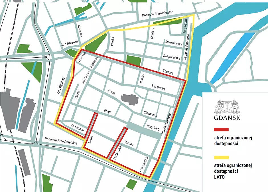 Mapka obrazująca granice Strefy Ograniczonej Dostępności w Gdańsku