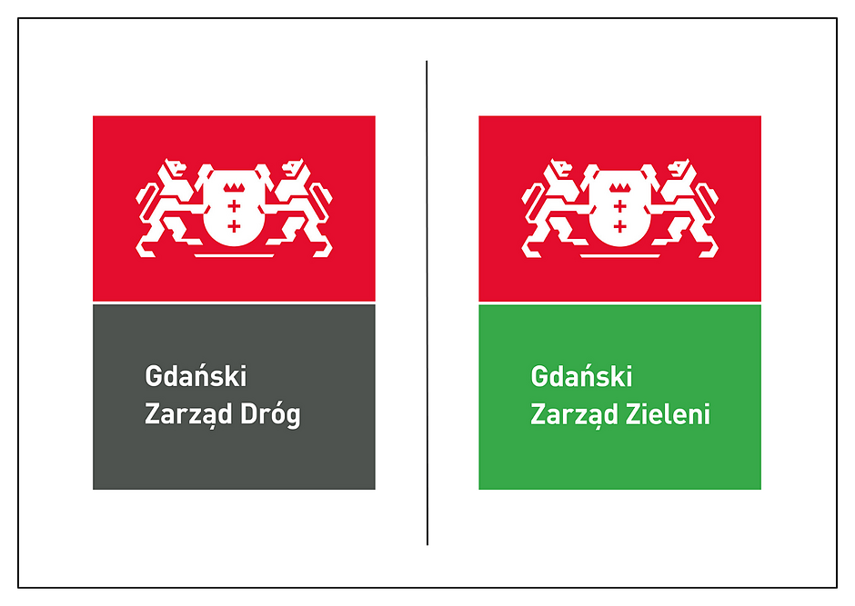 Na obrazku są dwa loga Gdański Zarząd Dróg i Gdański Zarząd Zieleni. Lewe logo, na czerwonym tle dwa lwy a pod nim napis Gdański Zarząd Dróg na szarym tle. Prawe logo, na czerwonym tle dwa lwy a pod nim napis Gdański Zarząd Zieleni na zielonym tle.