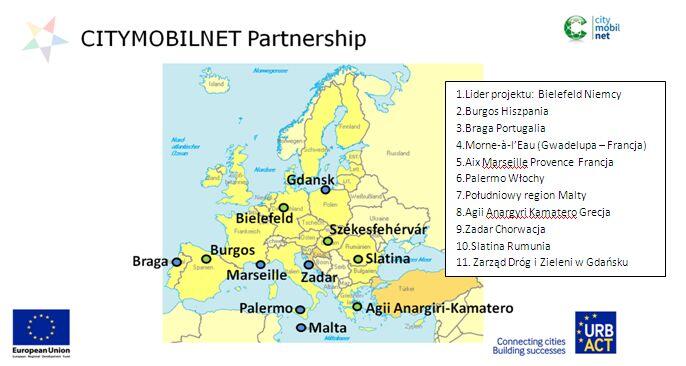 Na mapie Europy zaznaczono miasta biorące udział w projekcie CityMobilNet jako partnerzy