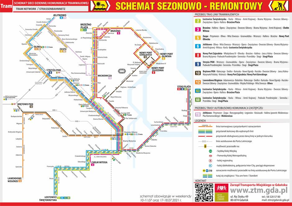 Remontowy schemat linii tramwajowych i autobusowej linii zastępczej T8