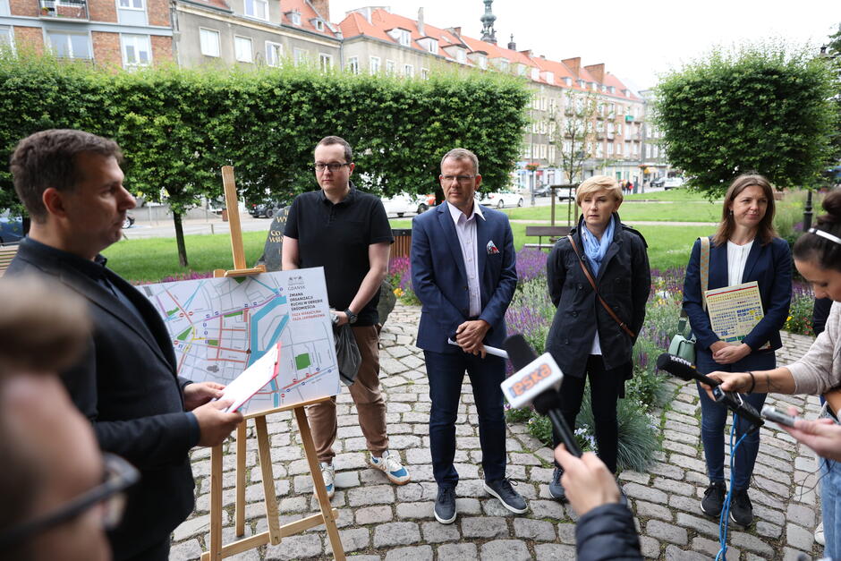 Konferencja prasowa dotycząca wakacyjnych zmian w organizacji ruchu w Śródmieściu Gdańska. Zdjęcie przedstawia uczestników spotkania oraz dziennikarzy z mikrofonami.