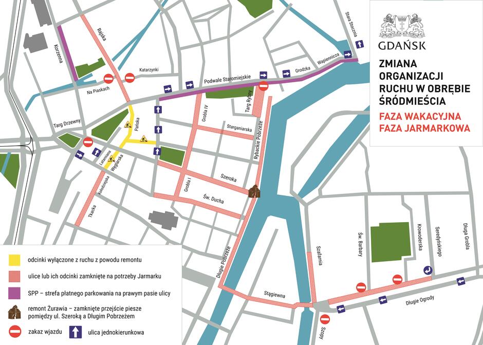 Mapa przedstawia zmiany w organizacji ruchu w Śródmieściu Gdańska podczas fazy Jarmarku świętego Dominika.