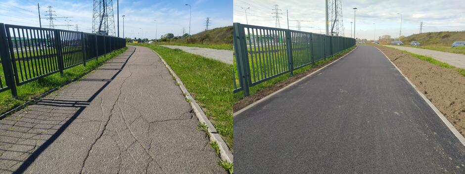 Fragment drogi rowerowej wzdłuż ul. Witosa przed i po remoncie