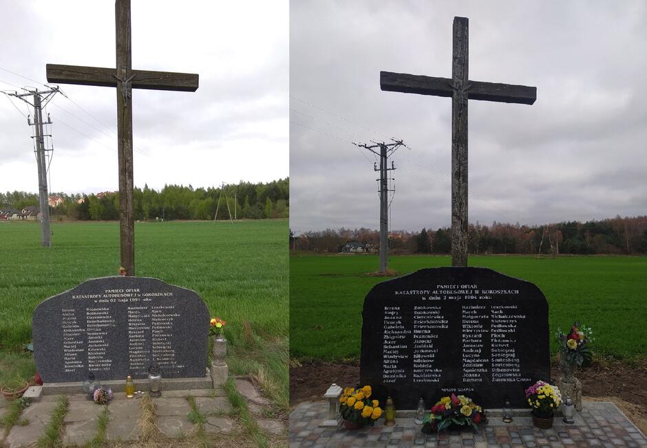 Pomnik Ofiar Katastrofy Autobusowej w Kokoszkach przed i po wymianie tablicy