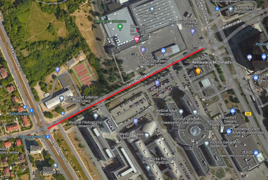 Zmiany w organizacji ruchu na ul. Bażyńskiego - rzut z góry na plan miasta