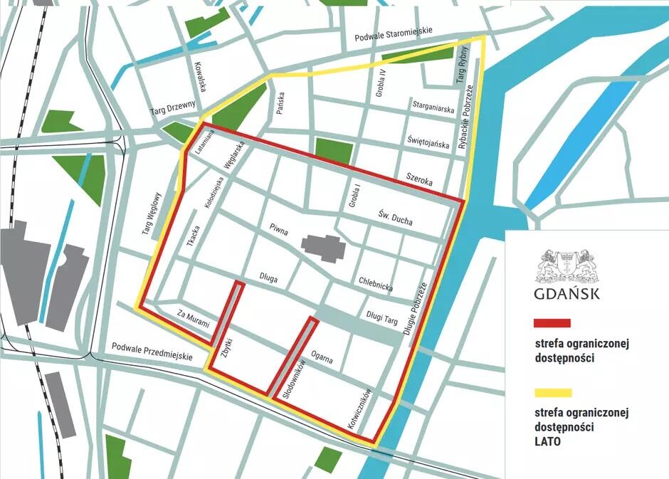 Mapka obrazująca granice Strefy Ograniczonej Dostępności w Gdańsku