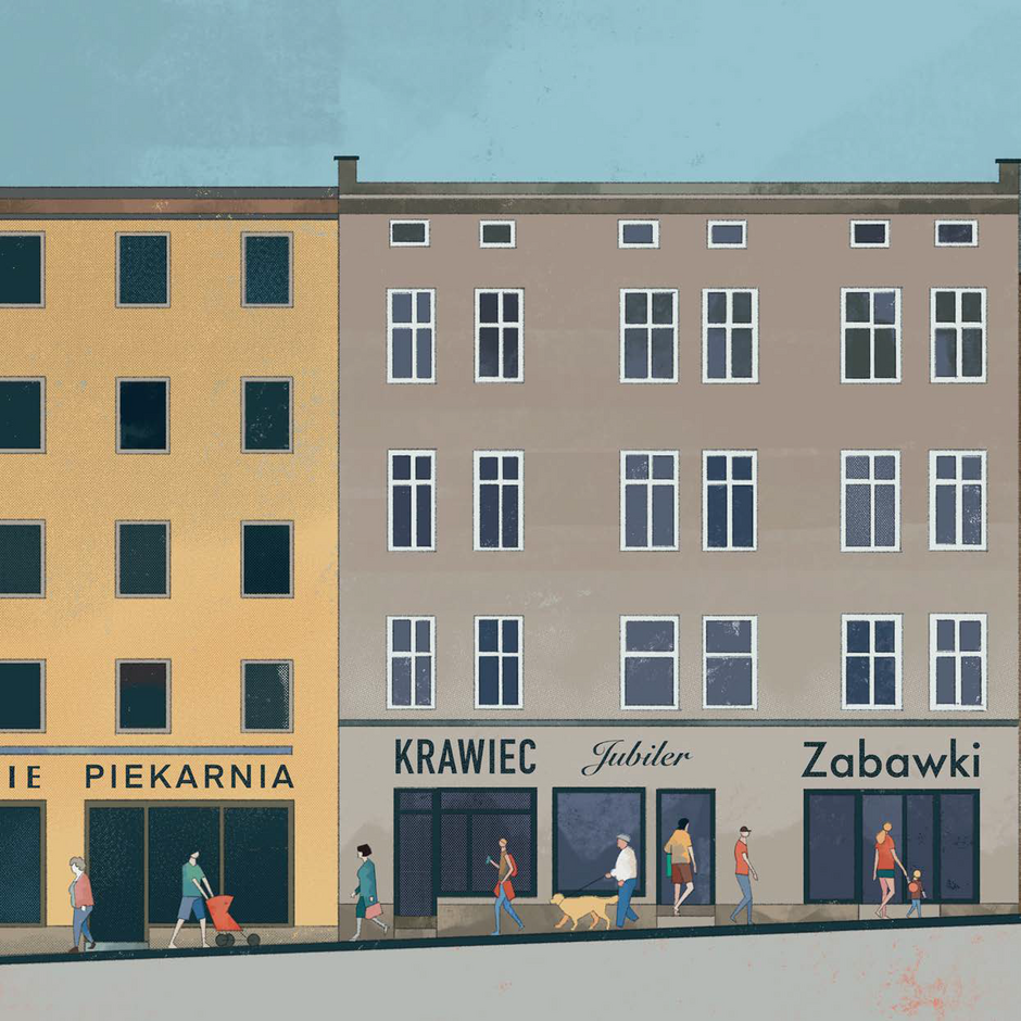 Na grafice przedstawiono ulicę z witrynami wystaw i umieszczonymi nad nimi szyldami: Piekarnia, Krawiec, Jubiler, Zabawki