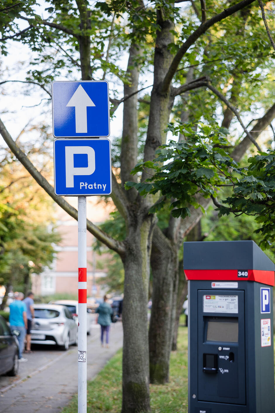 Na zdjęciu znajduje się znak parkingu z czerwoną obwódką słupka