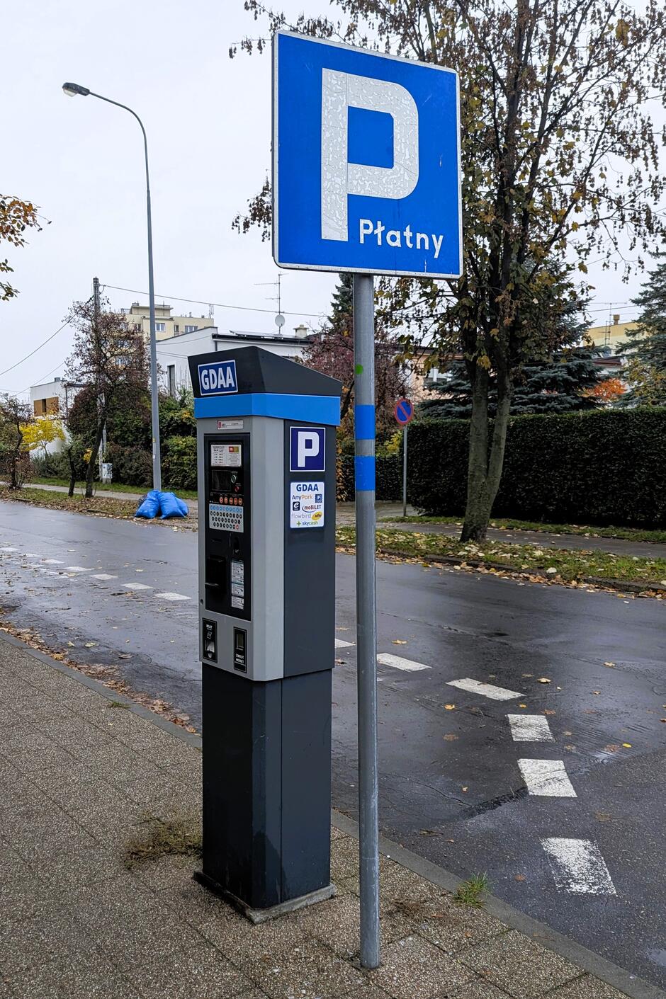 Na zdjęciu znajduje się znak parking z niebieską obwódką na słupku oraz parkometr