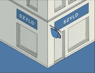 Szyld równoległy w postaci tablicy i szyld semaforowy w postaci znaków bez tła wraz z dodatkowym szyldem równoległym na drugiej elewacji.