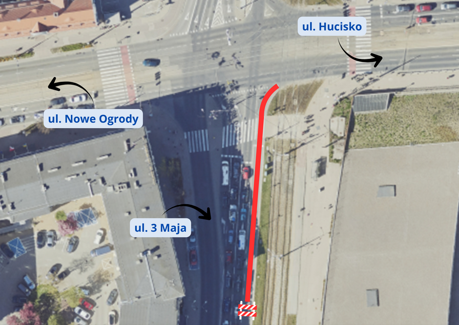 Zamknięcie pasa do skrętu w prawo z ul. 3-go Maja w ul. Hucisko
