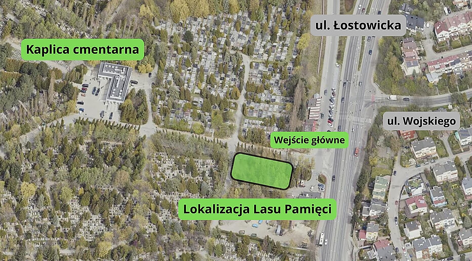 Lokalizacja Lasu Pamięci na Cmentarzu Łostowickim - mapka