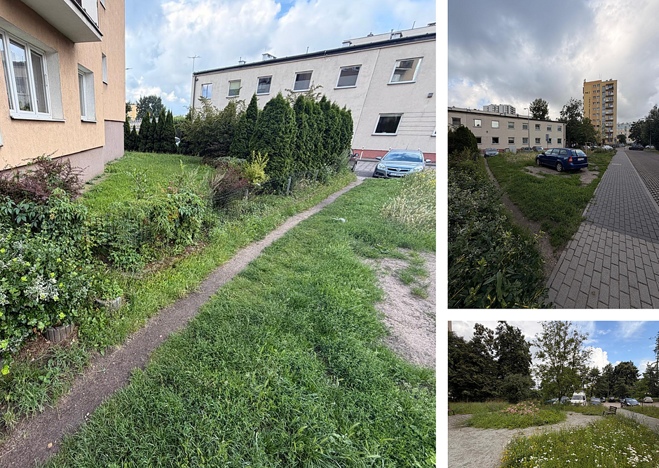Zdjęcie to kolaż trzech fotografii przedstawiających ul. Zielony Trójkąt. Widać dziki parking na trawniku, stary stół ping pongowy oraz wysoką trawę. Wkrótce ich miejsce zajmą kwitnące rabaty i nowe ławki.