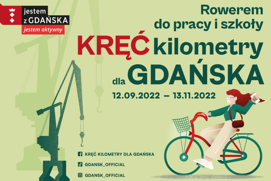 Grafika promująca kampanię społeczną kręć kilometry dla gdańska. Na zielonym tle widać zarys dźwigów stoczniowych oraz postać kobiety na rowerze.