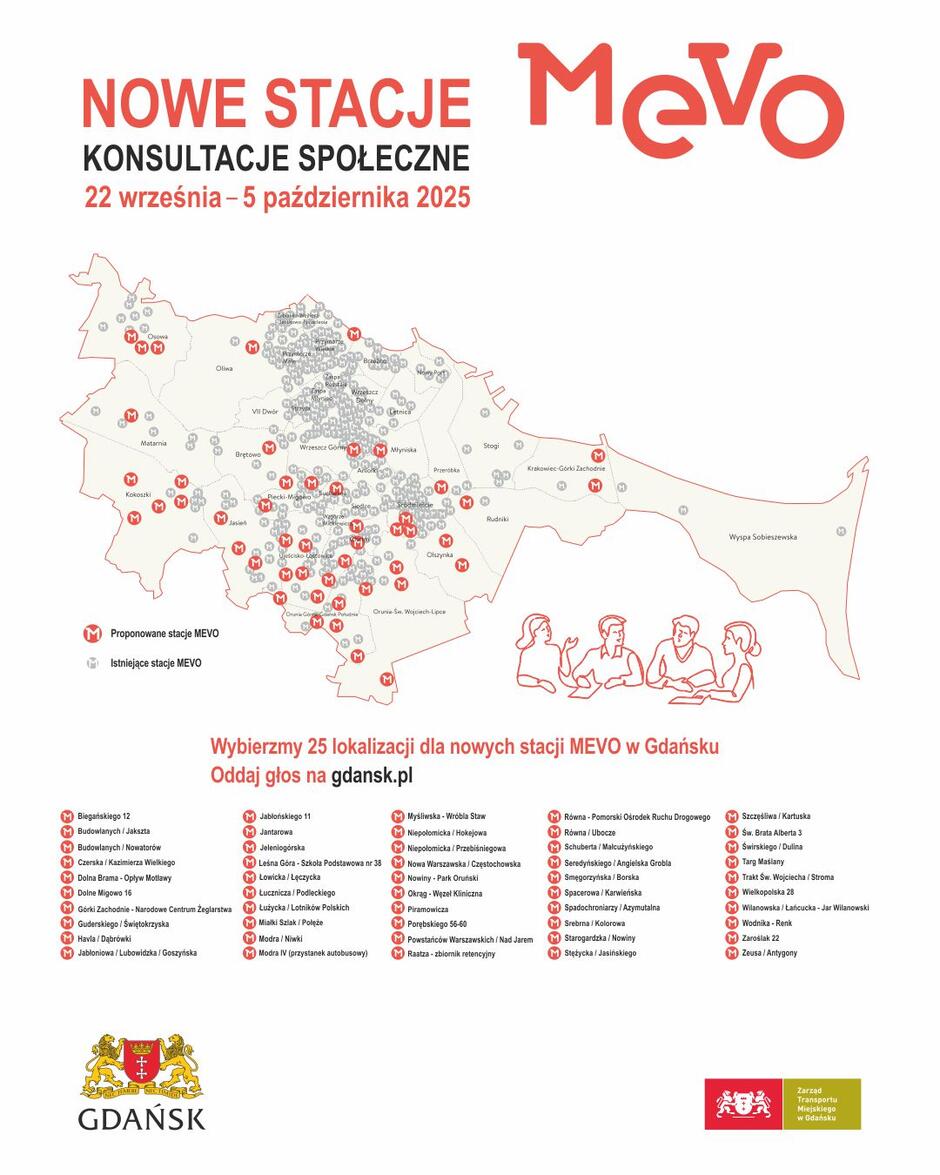 Plakat z listą oraz mapą stacji MEVO, na które mogą oddać głos mieszkańcy w trwających konsultacjach społecznych