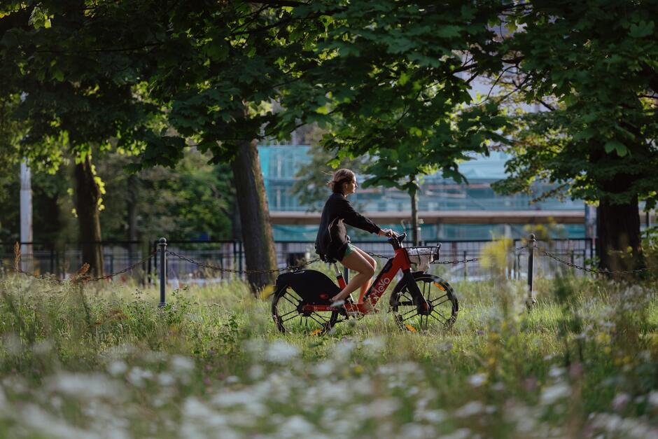 Rowerzystka jadąca na rowerze MEVO w otoczeniu zieleni