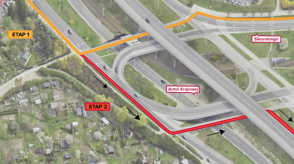 Widok satelitarny na skrzyżowanie al. Armii Krajowej z al. Sikorskiego