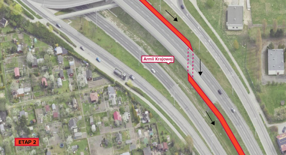 Zdjęcie satelitarne z zaznaczonym przebiegiem II etapu ekostrady