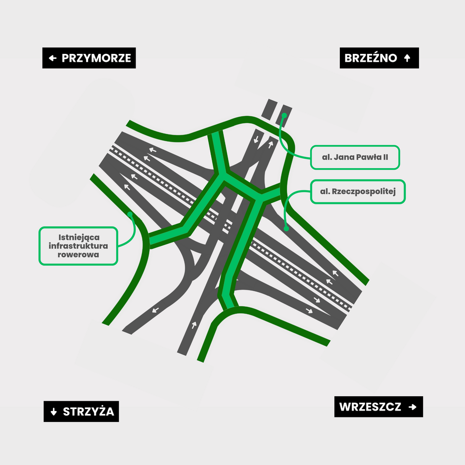 Schemat nowych kładek wraz z określeniem kierunków oraz ulic