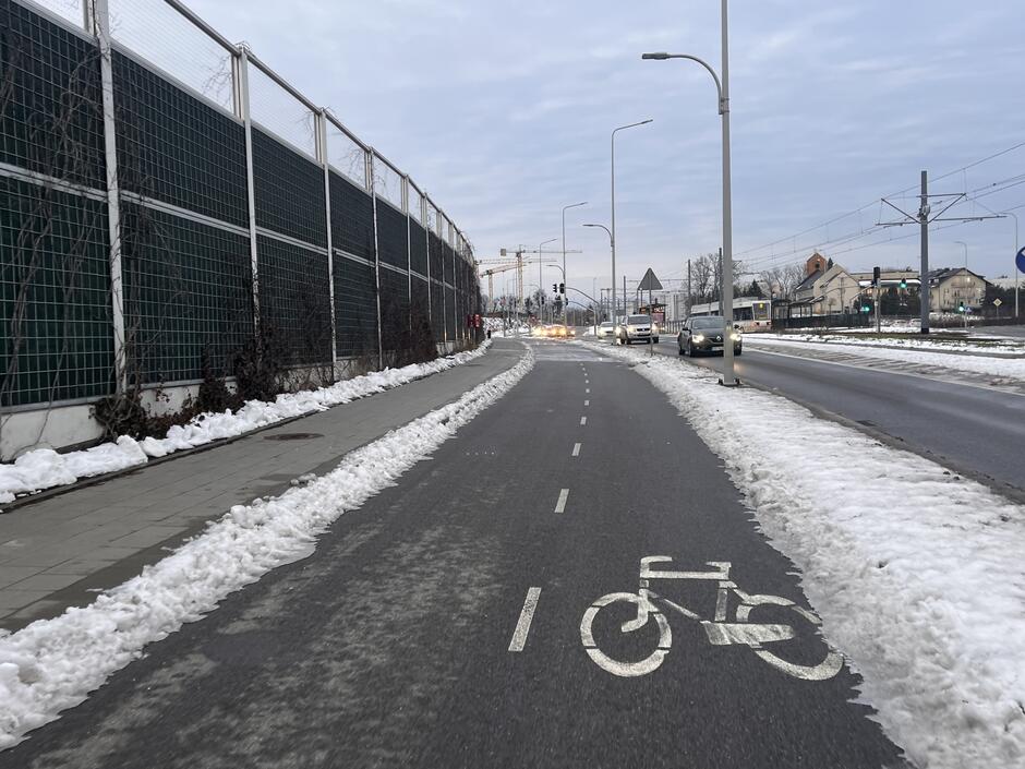 Aleja Pawła Adamowicza po odśnieżaniu drogi rowerowej i chodnika. Na obrzeżach widoczne zaspy śniegu.
