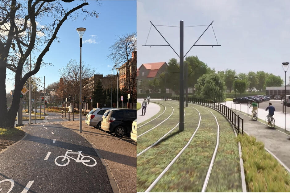 Po lewej- droga rowerowa wzdłuż ul. 3 Maja w słoneczny dzień, po prawej stronie widoczny parking. Na prawej części zdjęcia widoczna wizualizacja trasy tramwajowej GPW, zielone torowisko tramwajowej oraz chodnik i droga rowerowa.