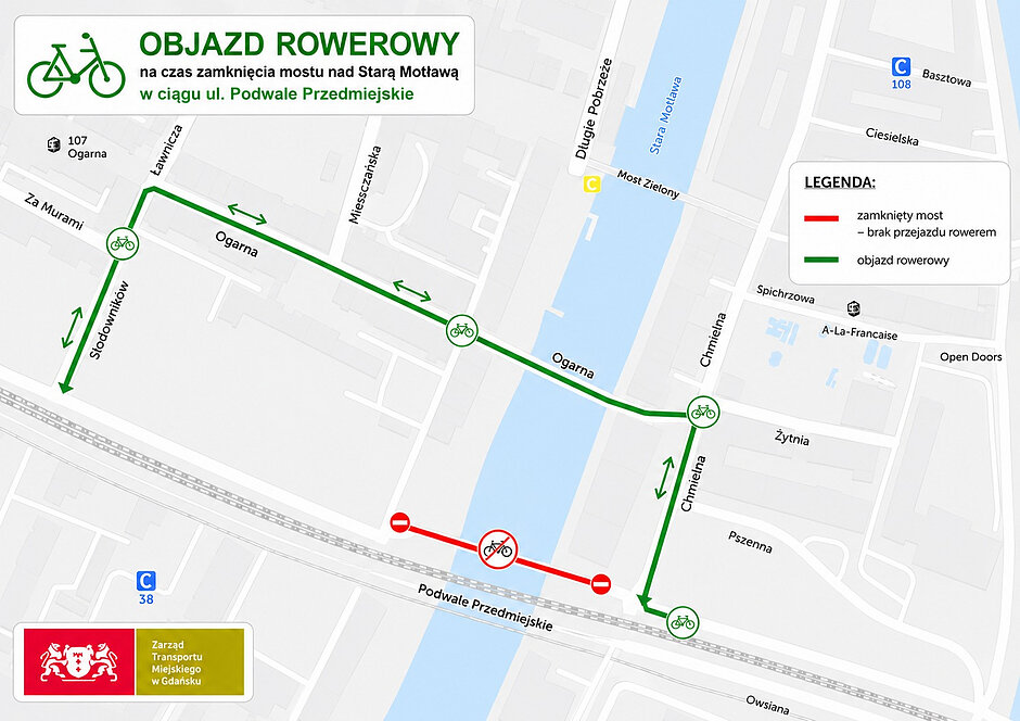 Mapa przedstawiająca objazd dla rowerzystów 