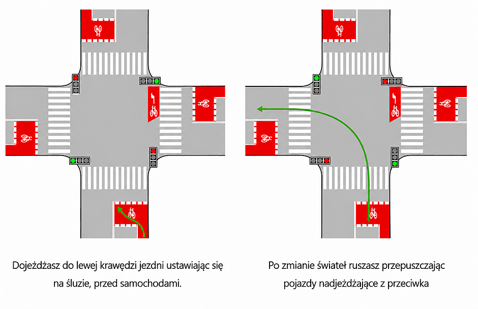 Schemat skrętu w lewo z wykorzystaniem śluzy rowerowej