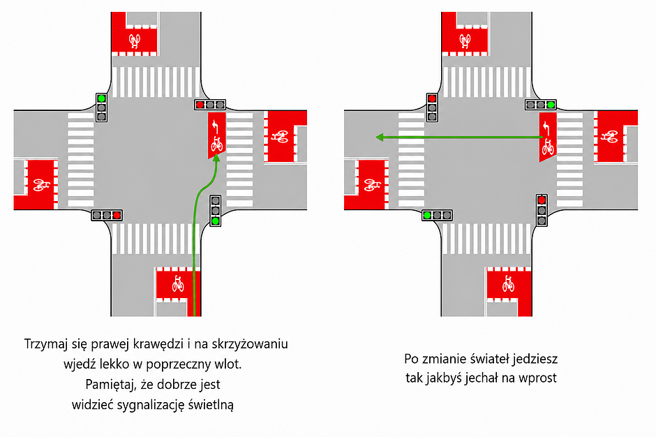 Schematy skrzyżowania pokazujące wykonanie skrętu w lewo metodą „na dwa” przez rowerzystę