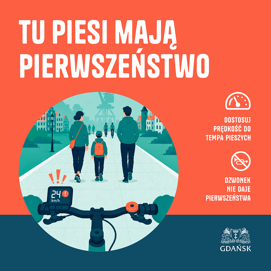 Grafika przedstawia założenia kampanii, wskazuje na dostosowywanie prędkości do pieszych oraz fakt, iż dzwonek nie daje pierwszeństwa