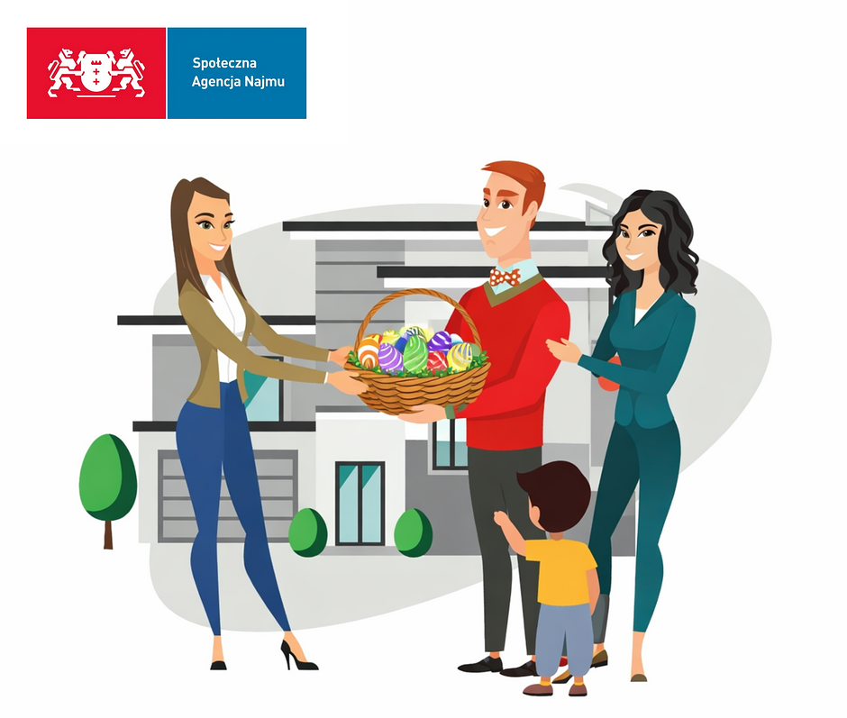 Infografika przedstawiająca trzy osoby. Kobieta przekazuje koszyczek z pisankami rodzicom z dzieckiem