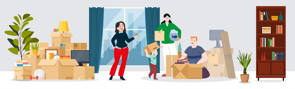 Grafika przedstawia troje dorosłych i dziecko, którzy rozpakowują pudła w nowym mieszkaniu.