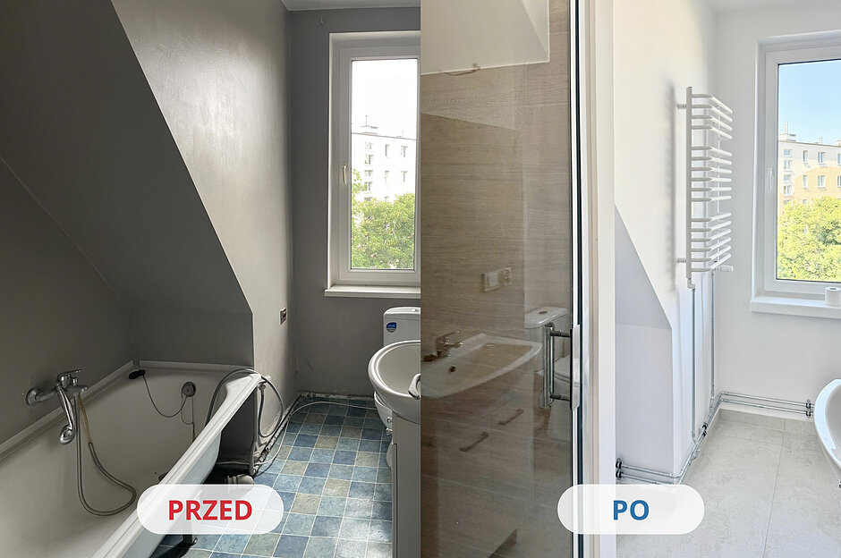 Zdjęcie przedstawia widok łazienki przed i po remoncie