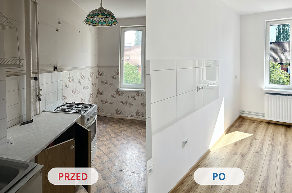 Zdjęcie przedstawia widok kuchni przed i po remoncie