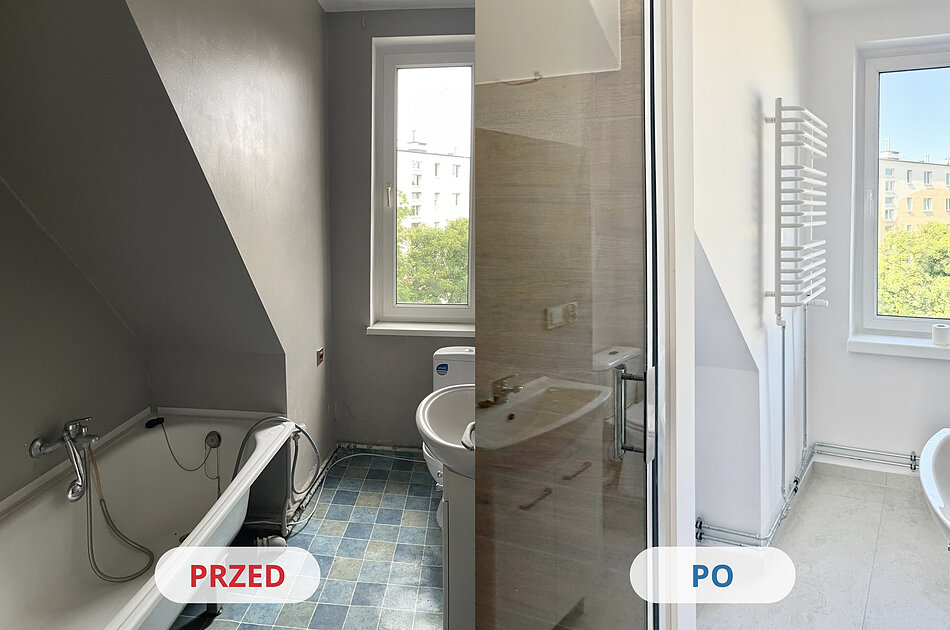 Zdjęcie przedstawia widok łazienki przed i po remoncie