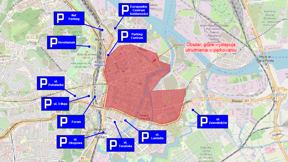 mapka przedstawiająca lokalizację parkingów w pobliżu centrum Gdańska