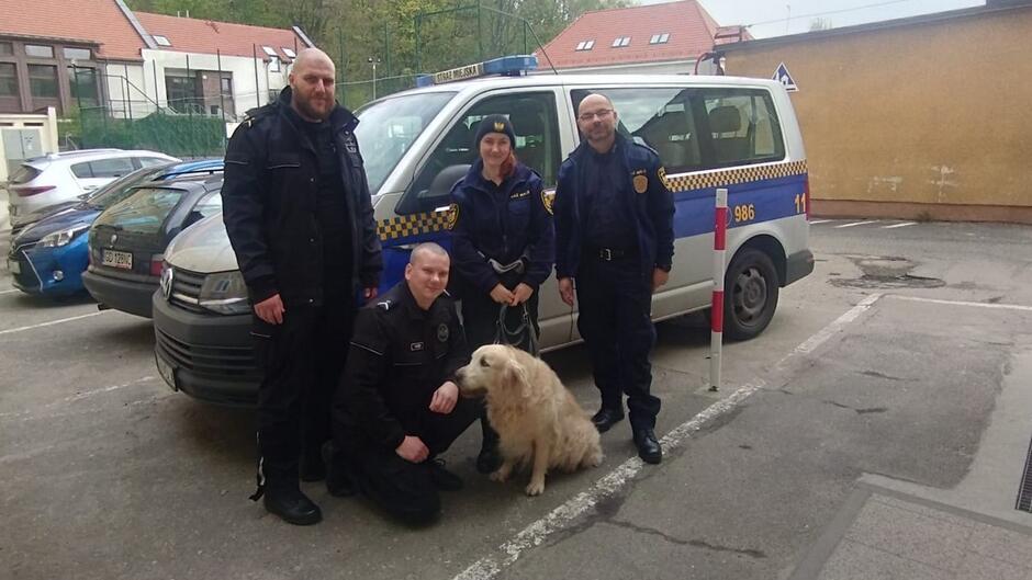 Strażnicy miejscy z gośćmi z Łotwy i psem przed radiowozem. 