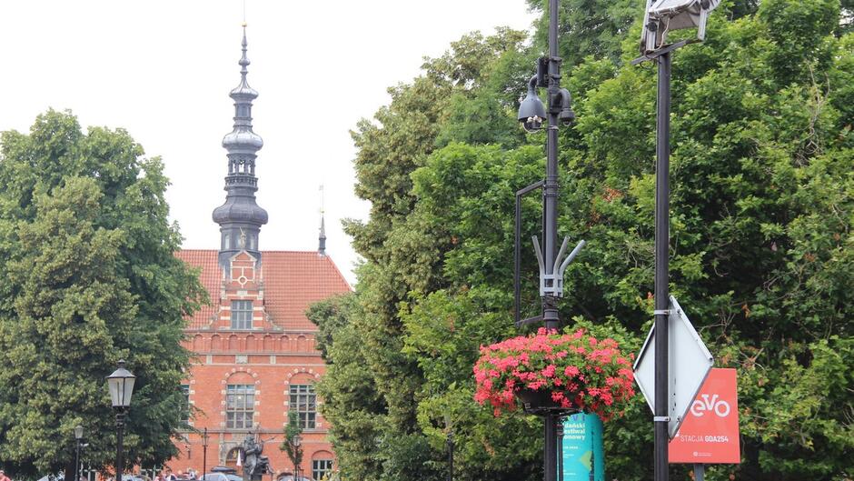 Plac Heweliusza w tle Ratusz Starego Miasta drzewa i pomnik Jana Heweliusza na pierwszym planie latarania z zamontowaną kamerą.