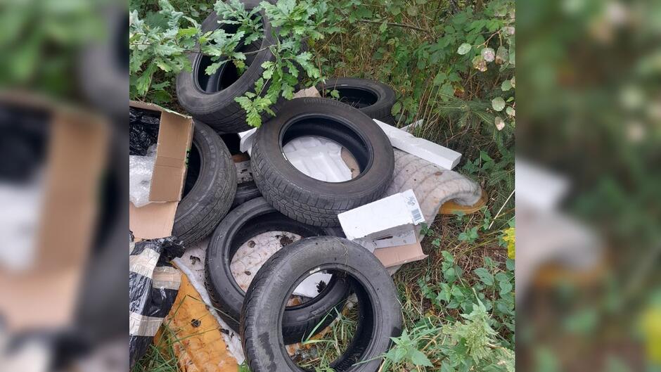 opony i kartony wyrzucone na leśną ścieżkę. w krzewy