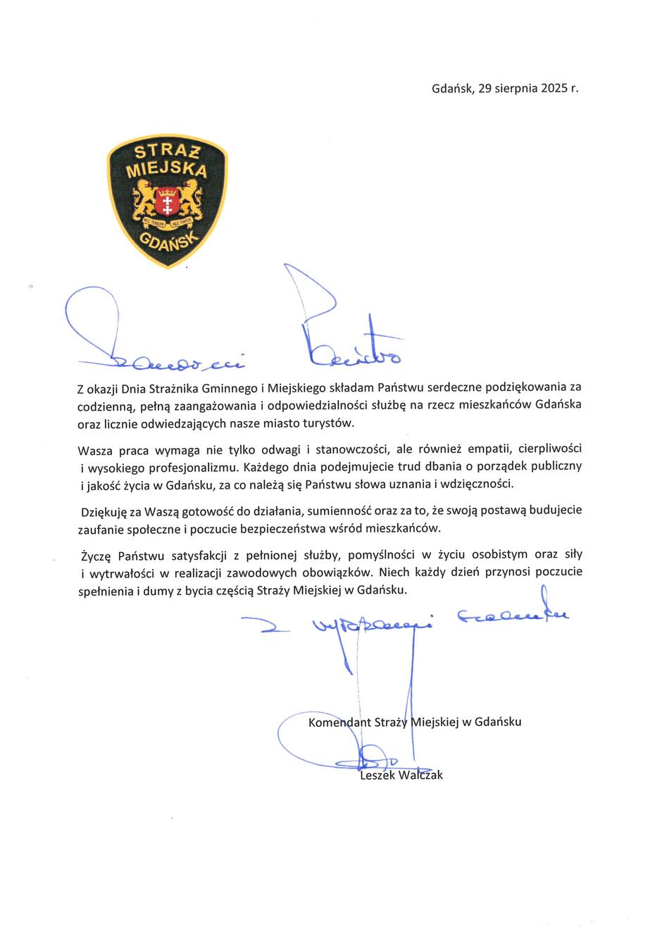 Życzenia od Komendanta Straży Miejskiej w Gdańsku. 