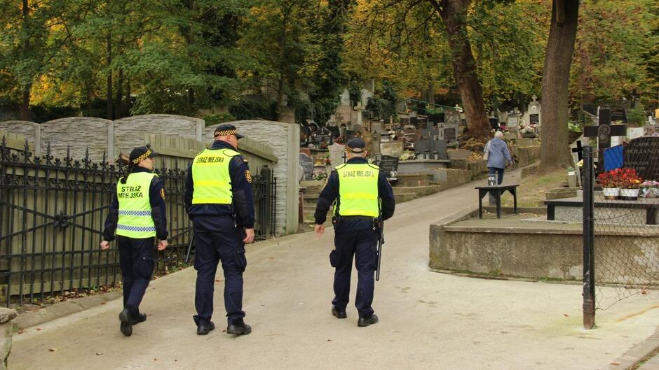 Troje strażników miejskich wchodzi na teren cmentarza.