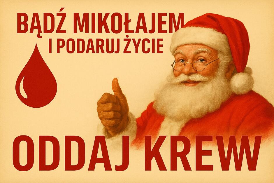 Święty Mikołaj, obok kropla krwi i napis: "Bądź Mikołajem i podaruj życie. Oddaj krew".