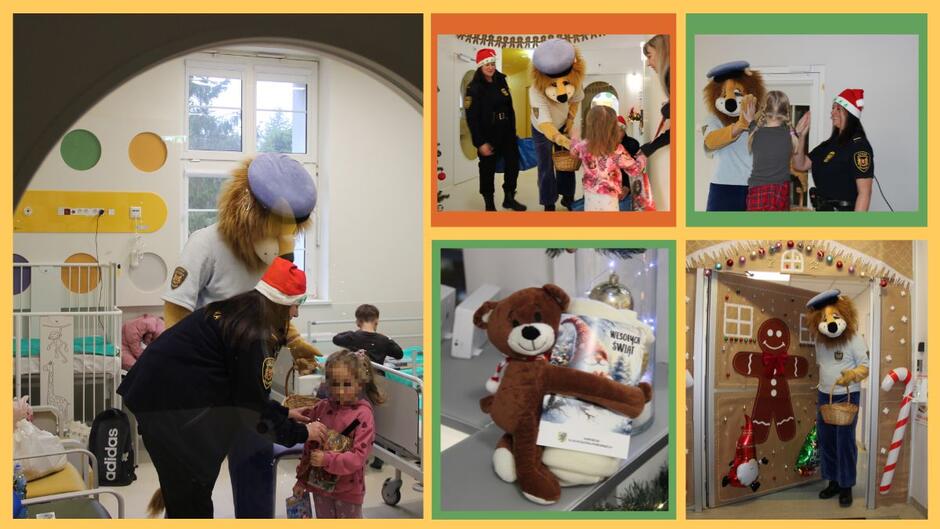 kolaż zdjęć przedstawiający wizytę strażników w szpitalach. Na zdjęciach strażnicy personel szpitali i chorzy.