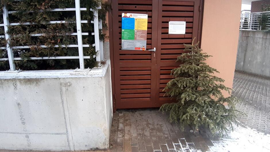 Zdjęcie przedstawia wejście do pomieszczenia gospodarczego lub altany śmietnikowej z drewnianymi drzwiami w kolorze brązowym. Obok znajduje się betonowa ściana z białą kratką, na której rosną zielone rośliny.
Elementy na pierwszym planie: Przy drzwiach leży jedna naturalna choinka poświąteczna, częściowo osypana z igieł.
Szczegóły: Na drzwiach widoczne są kolorowe tablice informacyjne (prawdopodobnie dotyczące segregacji odpadów) oraz dodatkowa kartka z informacją. Na ziemi jest cienka warstwa śniegu, a nawierzchnia to kostka brukowa.
Tło: Widać fragment ogrodzenia, betonowe elementy oraz część osiedla.