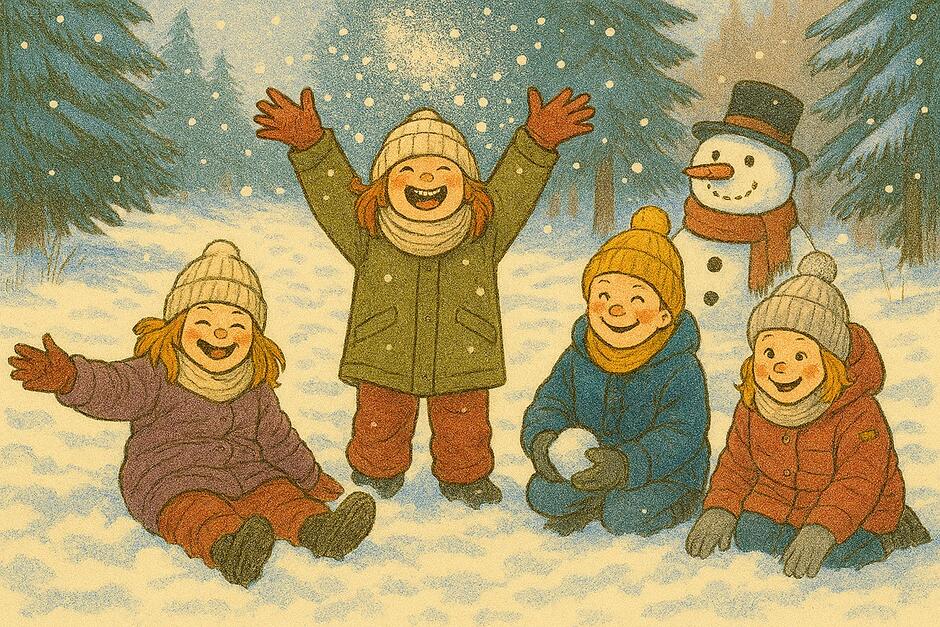 obrazek na którym widać grupę dzieci siedzących na śniegu obok nich stoi bałwan.