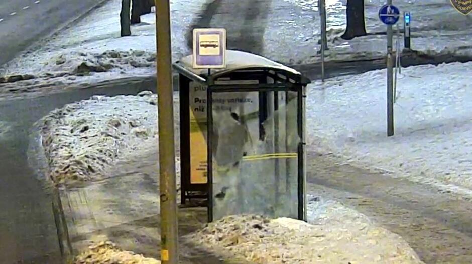 Na zdjęciu widać przystanek autobusowy otoczony śniegiem. Szyba wiaty jest mocno uszkodzona – widoczne są liczne pęknięcia i rozbite fragmenty. Przystanek stoi przy oświetlonej ulicy, a w tle widać chodnik, znaki drogowe oraz zasypane śniegiem otoczenie. Scena wygląda na ujęcie z monitoringu miejskiego wykonane nocą lub późnym wieczorem.
