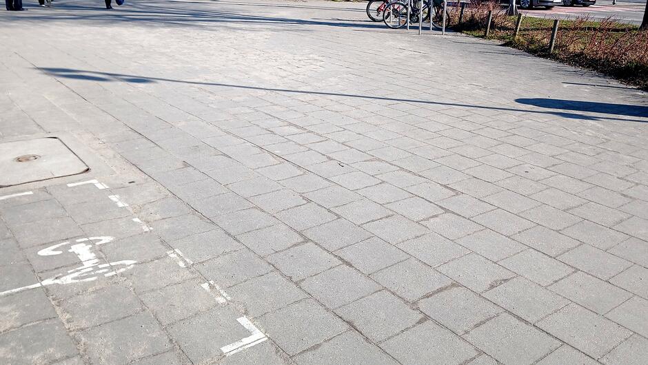 Na zdjęciu widoczny jest szeroki chodnik złożony z szarych płyt betonowych ułożonych w równych rzędach. W lewym dolnym rogu znajduje się fragment białego oznakowania poziomego namalowanego farbą. Po prawej stronie kadru widać zacieniony fragment nawierzchni oraz rząd niskich, brązowych krzewów oddzielonych metalowymi słupkami. W tle po prawej stronie widoczne są stojaki rowerowe oraz kilka zaparkowanych rowerów. Na horyzoncie można dostrzec zarys ulicy i przechodzące osoby.