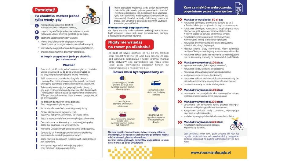 Ulotka informacyjna przypominająca podstawowe zasady poruszania się rowerem, obowiązkowe wyposażenie jednośladu oraz przykładowe wykroczenia i konsekwencje ich popełnienia.
